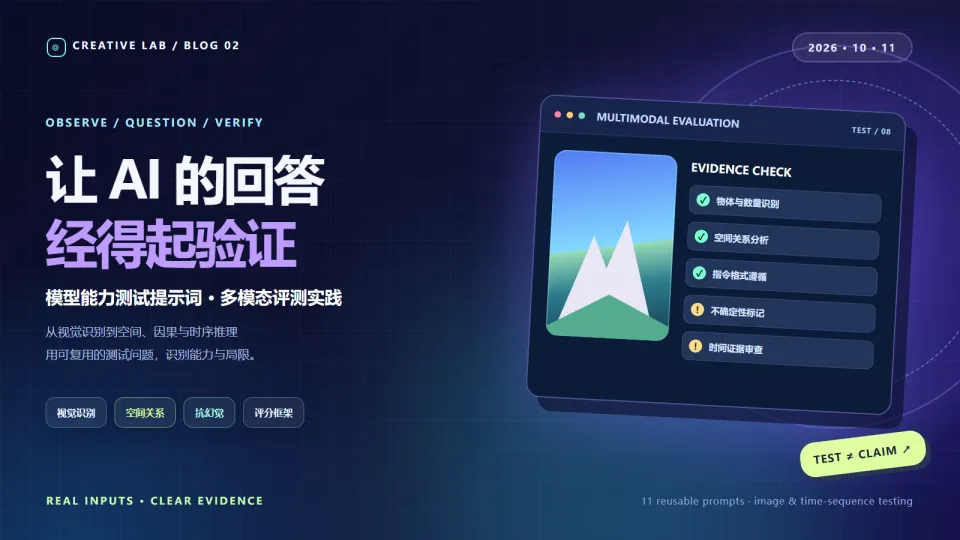 深蓝紫色模型测试博客封面，写有“让 AI 的回答经得起验证”，配评测清单概念界面。