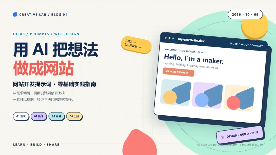 彩色创意风网站开发博客封面，写有“用 AI 把想法做成网站”，配个人作品集网页示意。